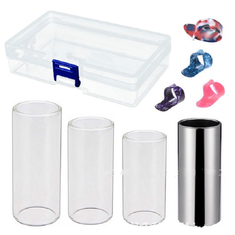 M02219 4 in 1 Plexiglass Slide Bar + Stainless Steel Slide Bar + Celluloid Guitar Finger Pick + Plastic Box Set, Plexiglass Slid Bar