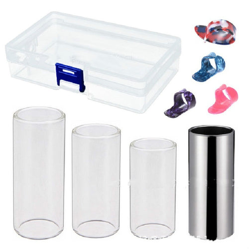 M02219 4 in 1 Plexiglass Slide Bar + Stainless Steel Slide Bar + Celluloid Guitar Finger Pick + Plastic Box Set, Plexiglass Slid Bar