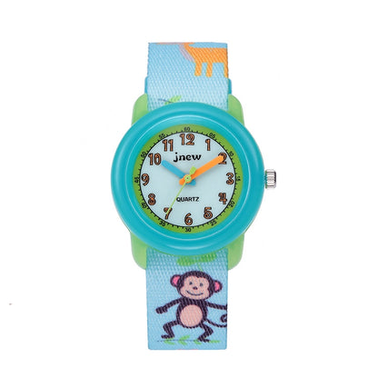 JNEW A369-86313 นาฬิกาเด็กการ์ตูนเวลาความรู้ความเข้าใจริบบิ้นกันน้ำควอตซ์, JNEW A369-86313
