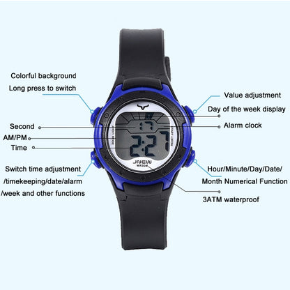 JNEW Children Multi-Function Backlight Waterproof Sports Electronic Watch, Black, White, Yellow, Rose Red, Fluorescent Green
