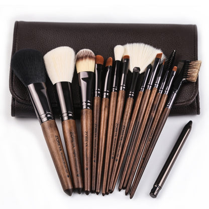 ZOREYA 15 In 1 ชุดแปรงแต่งหน้าวอลนัทสีดำครบชุดเครื่องมือเสริมความงามแปรงแต่งหน้าแปรงขนไนล่อน