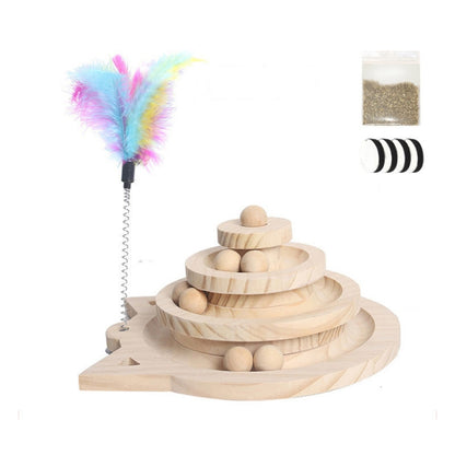 MZP01 Solid Wood Turntable ของเล่นแมวทนทาน Cat Stick Scratcher, Specification:, Double-layer Small, Three-layer Large