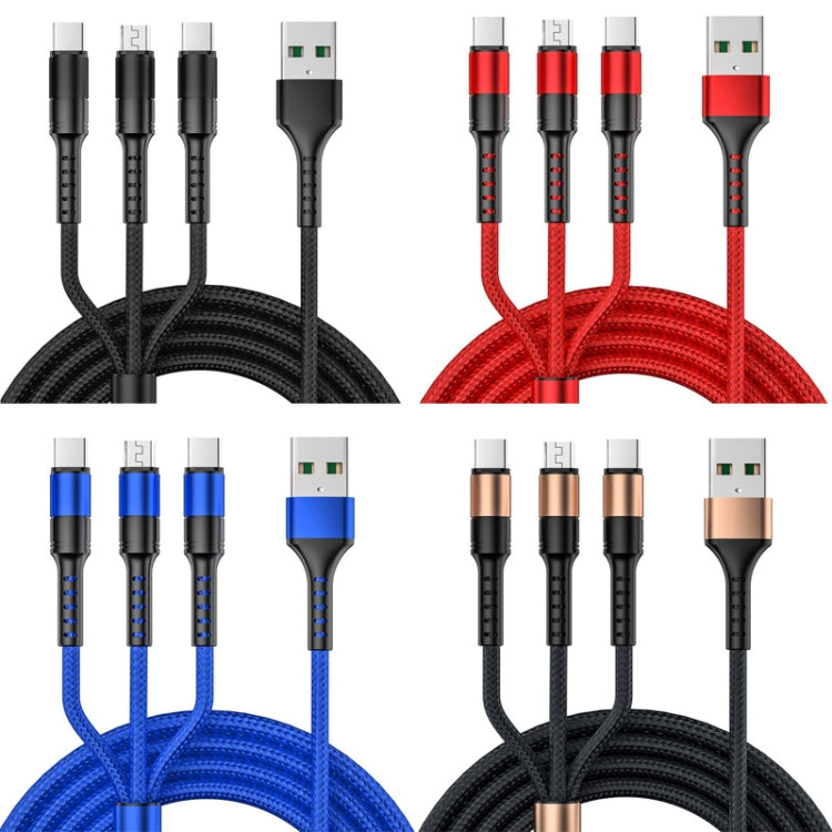 3 in 1 USB to Dual Type-C + Micro USB Quick Charging Sync Data Cable, เอาต์พุต:, 3A (Gold), 3A (Red), 3A (Black), 3A (Blue), 5A (Gold), 5A (Red), 5A (Black), 5A (Blue)