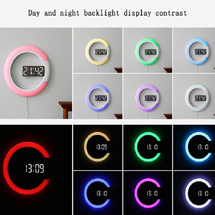 LED Mirror Hollow Wall Clock 7 สี Switch Electronic Digital แสดงผล นาฬิกาแขวนผนัง, Hollow Wall Clock