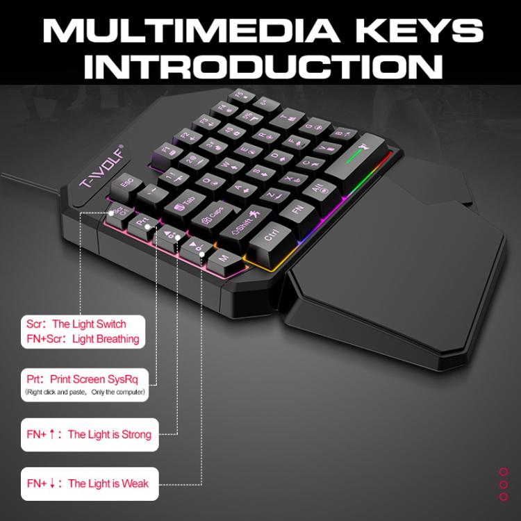 T-WOLF Mobile Gaming Keyboard มือเดียว ข้อมูลจำเพาะ:, T19 Keyboard, TF-900 Set, Keyboard + Mouse + Throne