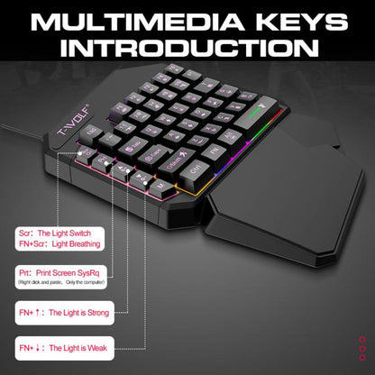 T-WOLF Mobile Gaming Keyboard มือเดียว ข้อมูลจำเพาะ:, T19 Keyboard, TF-900 Set, Keyboard + Mouse + Throne