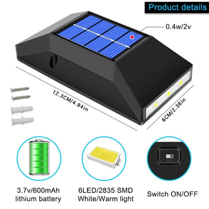 โคมไฟติดผนังพลังงานแสงอาทิตย์กันน้ำตกแต่งกลางแจ้ง, Spec:, 6 LEDs White Light, 6 LEDs Warm Light