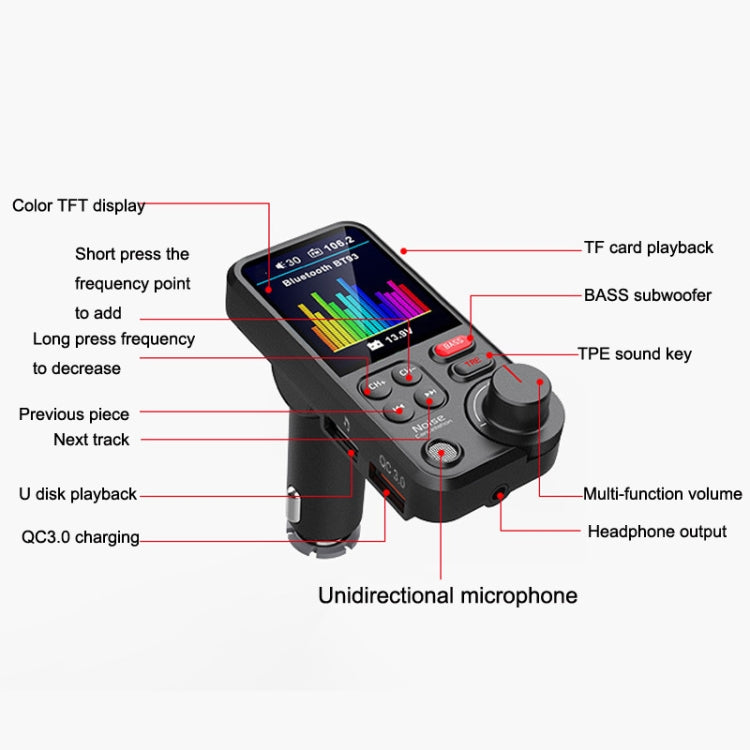 BT93 เครื่องเล่นบลูทูธ MP3 ในรถยนต์ หน้าจอสี, BT93