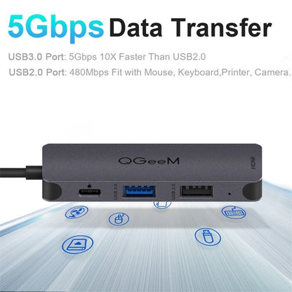 QGeeM UH04-1 4 In 1 USB 3.0 มัลติฟังก์ชั่น Type-C Extension HUB Adapter, 4 In 1