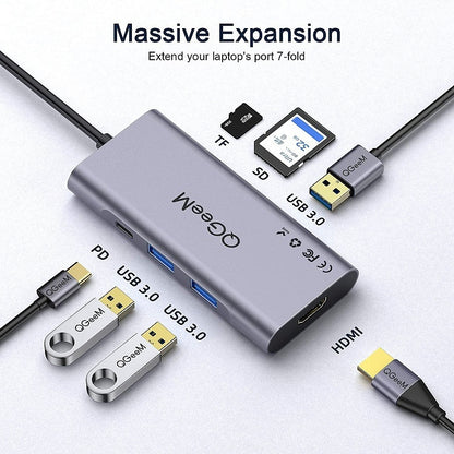 QGeeM 7 In 1 มัลติฟังก์ชั่น USB3.0 TYPE-C Extension HUB Adapter, QG-UH07-3(7 In 1)
