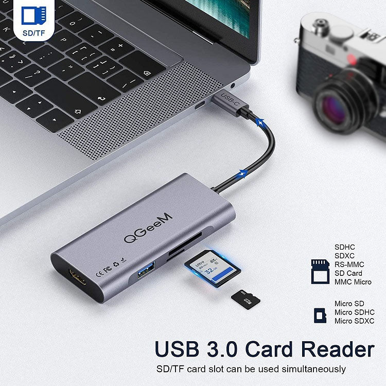 QGeeM 7 In 1 มัลติฟังก์ชั่น USB3.0 TYPE-C Extension HUB Adapter, QG-UH07-3(7 In 1)