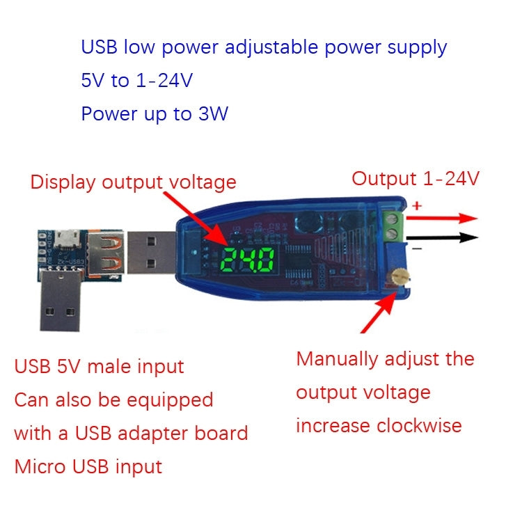 5V ถึง 1-24V DC-DC USB โมดูลควบคุมการจ่ายไฟแบบปรับได้, การจัดส่งแบบสุ่มสี, 5V To 1-24V
