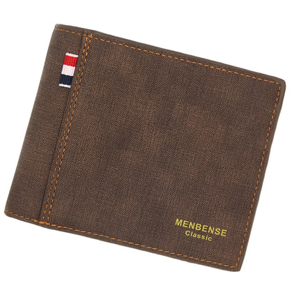 MenBense Frosted PU Short Large Capacity Fashion Retro Three Fold Bag Men Wallet, สีดำ, Navy, สีน้ำตาลเข้ม, Light-Light