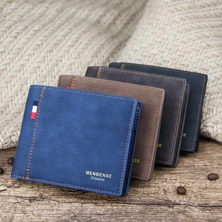 MenBense Frosted PU Short Large Capacity Fashion Retro Three Fold Bag Men Wallet, สีดำ, Navy, สีน้ำตาลเข้ม, Light-Light