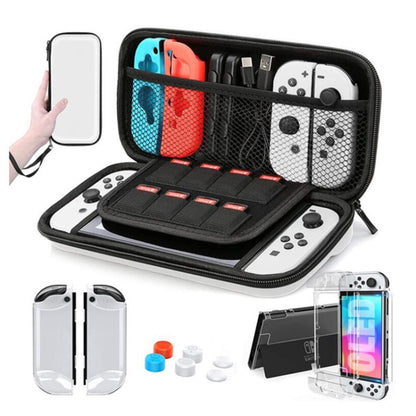 เกมคอนโซล Crystal Shell Remote Sensing Cap ชุดถุงเก็บฟิล์มนิรภัยสำหรับคอนโซล Switch OLED, Storage Bag+Crystal Case+Rocker Capx6+Tempered Film, White Storage Bag 14 In 1(Hand Rope), White Storage Bag 16 In 1