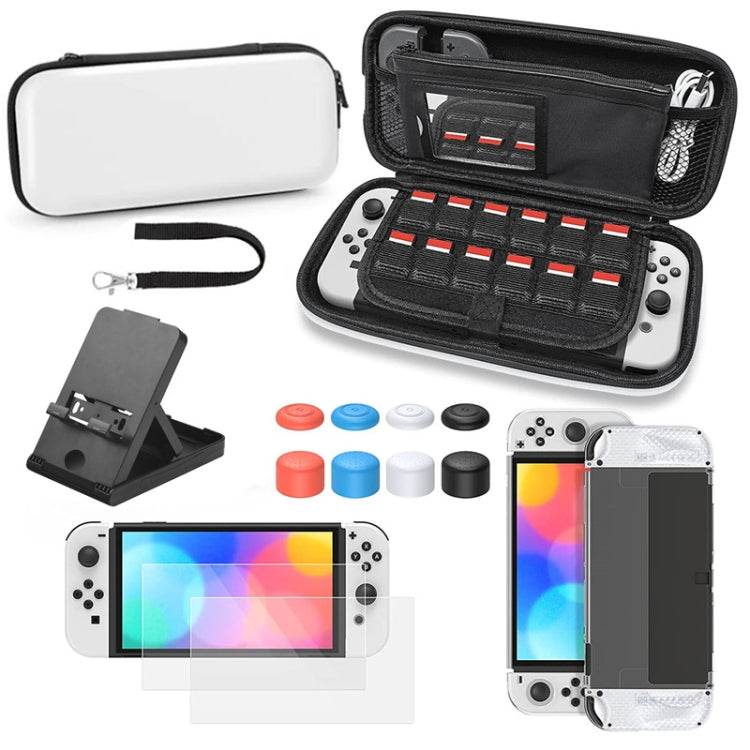 เกมคอนโซล Crystal Shell Remote Sensing Cap ชุดถุงเก็บฟิล์มนิรภัยสำหรับคอนโซล Switch OLED, Storage Bag+Crystal Case+Rocker Capx6+Tempered Film, White Storage Bag 14 In 1(Hand Rope), White Storage Bag 16 In 1