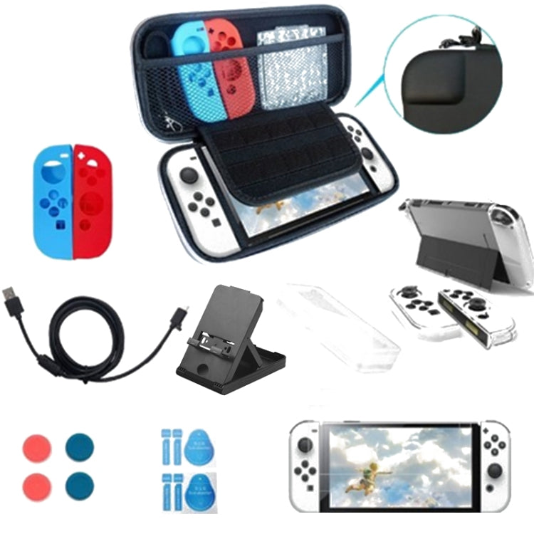 เกมคอนโซล Crystal Shell Remote Sensing Cap ชุดถุงเก็บฟิล์มนิรภัยสำหรับคอนโซล Switch OLED, Storage Bag+Crystal Case+Rocker Capx6+Tempered Film, White Storage Bag 14 In 1(Hand Rope), White Storage Bag 16 In 1