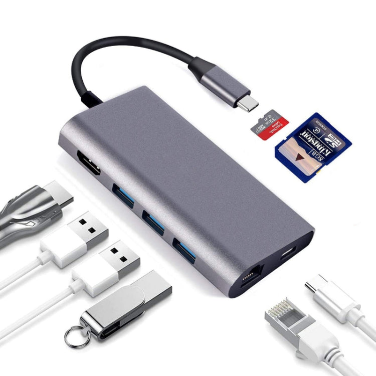 8 in 1 Type-c ถึง HDMI+RJ45 พอร์ตเครือข่าย+3USB3.0+PD Docking Station