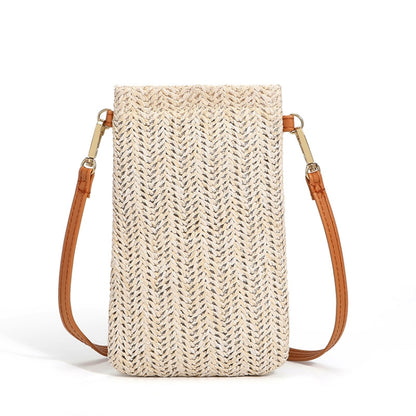 Summer Beach Bag Women One Shoulder Mobile Phone Bag Straw Coin Purse, Beige, Cream, Beige Magnetic Buckle, Cream Magnetic Buckle