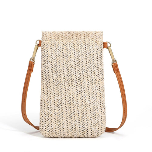 Summer Beach Bag Women One Shoulder Mobile Phone Bag Straw Coin Purse, Beige, Cream, Beige Magnetic Buckle, Cream Magnetic Buckle