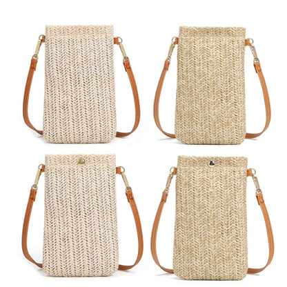 Summer Beach Bag Women One Shoulder Mobile Phone Bag Straw Coin Purse, Beige, Cream, Beige Magnetic Buckle, Cream Magnetic Buckle