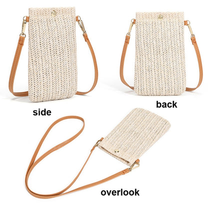 Summer Beach Bag Women One Shoulder Mobile Phone Bag Straw Coin Purse, Beige, Cream, Beige Magnetic Buckle, Cream Magnetic Buckle