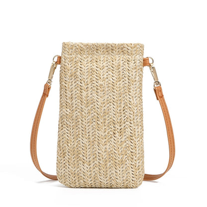 Summer Beach Bag Women One Shoulder Mobile Phone Bag Straw Coin Purse, Beige, Cream, Beige Magnetic Buckle, Cream Magnetic Buckle