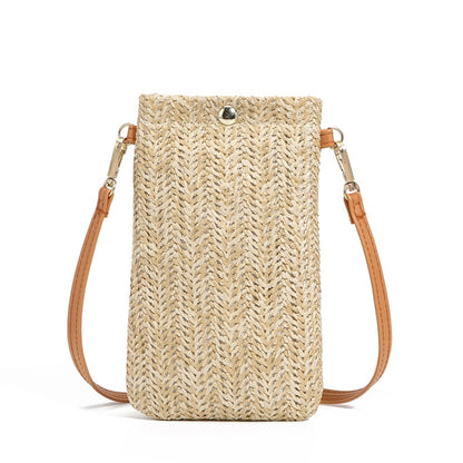 Summer Beach Bag Women One Shoulder Mobile Phone Bag Straw Coin Purse, Beige, Cream, Beige Magnetic Buckle, Cream Magnetic Buckle