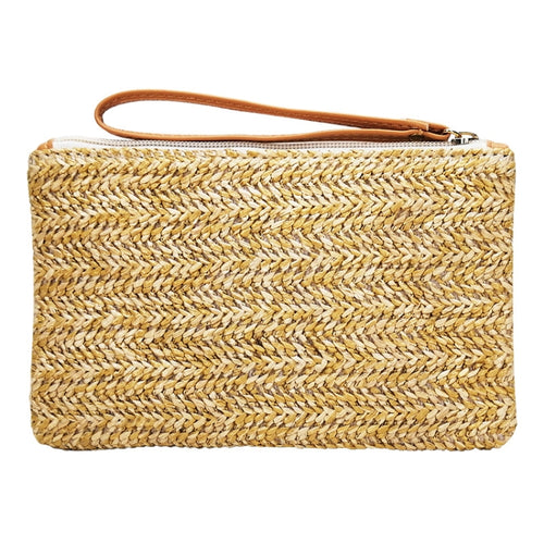 กระเป๋าใส่เหรียญ Straw Clutch สำหรับผู้หญิง Summer Beach Bag, Beige, Cream, Large Beige With Zipper Bag, Large Cream With Zipper Bag