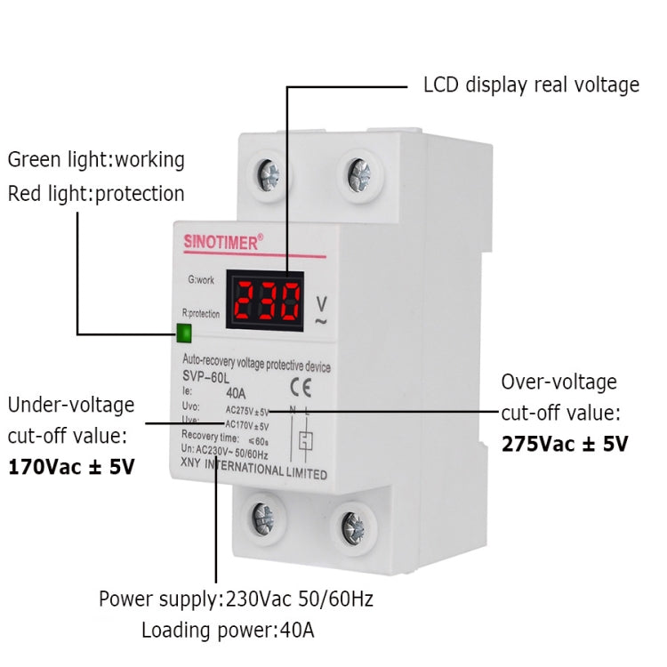 SINOTIMER 220V LED ดิจิตอล แสดงผล หน่วงเวลา รีเซ็ตอัตโนมัติ ตัวป้องกันแรงดันตก, SVP-60L