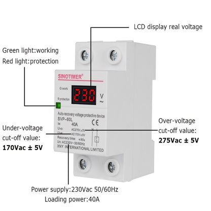 SINOTIMER 220V LED ดิจิตอล แสดงผล หน่วงเวลา รีเซ็ตอัตโนมัติ ตัวป้องกันแรงดันตก, SVP-60L
