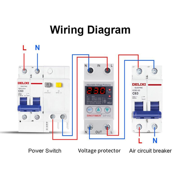 SINOTIMER SVP-912 ตัวป้องกันแรงดันไฟฟ้าต่ำอัจฉริยะที่สามารถรีเซ็ตตัวเองได้, กระแสไฟ:, 40A, 63A, 80A