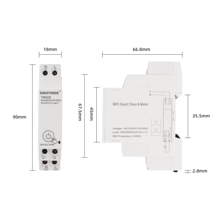SINOTIMER TM608 Smart WiFi Single-Phase Power Meter แอพมือถือ Home Rail Meter 16A 100-240V, TM608