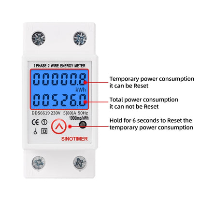 SINOTIMER DDS6619-526L-2 สามารถรีเซ็ต Zero Backlight Display เครื่องวัดพลังงานไฟฟ้ารางเฟสเดียว, DDS6619-526L-2