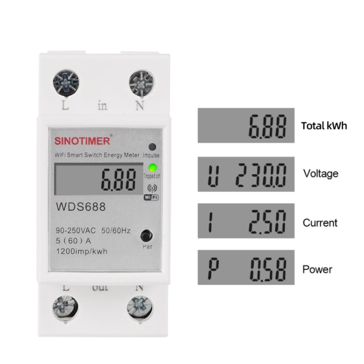 SINOTIMER WDS688 สมาร์ท WiFi Single-Phase Power Meter Mobile APP Home Rail ขนาด 5-60A 230V, WDS688