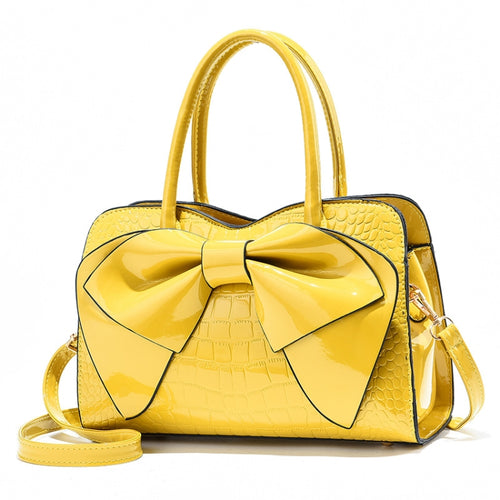 8111 Bow Bright Leather กระเป๋าถือสุภาพสตรี, สีเหลือง, Red Wine, สีกากี, สีน้ำเงิน, สีดำ, สีเขียวอ่อน, สีชมพู