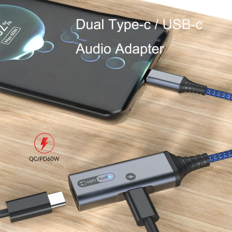 MH338A สายเคเบิลอะแดปเตอร์ Dual Type-c / USB-c สายชาร์จเสียงสดสำหรับโทรศัพท์มือถือ, MH338A (Gray), MH338A (Black)