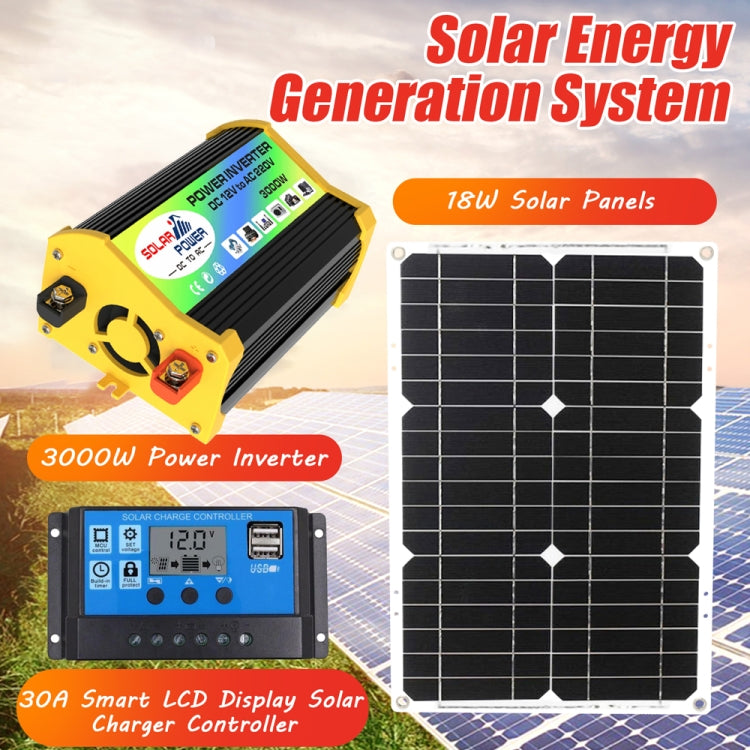 เครื่องกำเนิดไฟฟ้าพลังงานแสงอาทิตย์อินเวอร์เตอร์ + 30A Controller + 18W 12V Solar Panel, Specification:, Black 12V To 220V, Black 12V To 110V, Yellow 12V To 220V, Yellow 12V To 110V