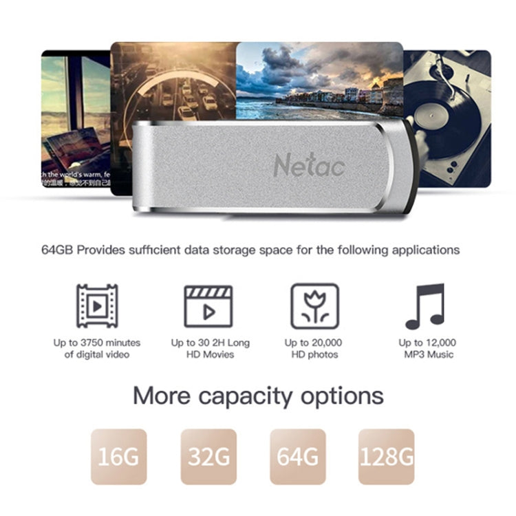 Netac U388 ความเร็วสูง USB3.0 โลหะหมุนรถคอมพิวเตอร์ดิสก์ U, 32GB, 64GB, 128GB