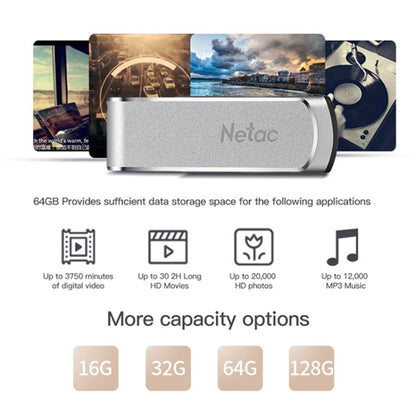 Netac U388 ความเร็วสูง USB3.0 โลหะหมุนรถคอมพิวเตอร์ดิสก์ U, 32GB, 64GB, 128GB