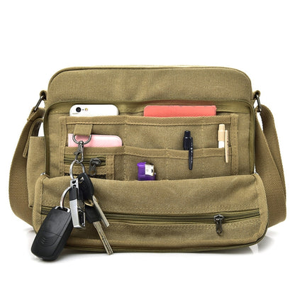 RuYiHuang Men Vintage Canvas Versatile Single-Shoulder Bag, สีกากี, สีดำ, สีน้ำตาล