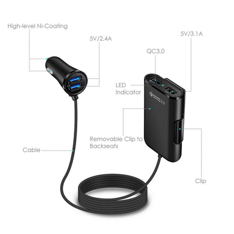 2PCS QC3.0 สี่พอร์ต Fast 5V 8A Car Charger ที่ชาร์จเบาะหลัง, 2PCS+Black, 2PCS+White