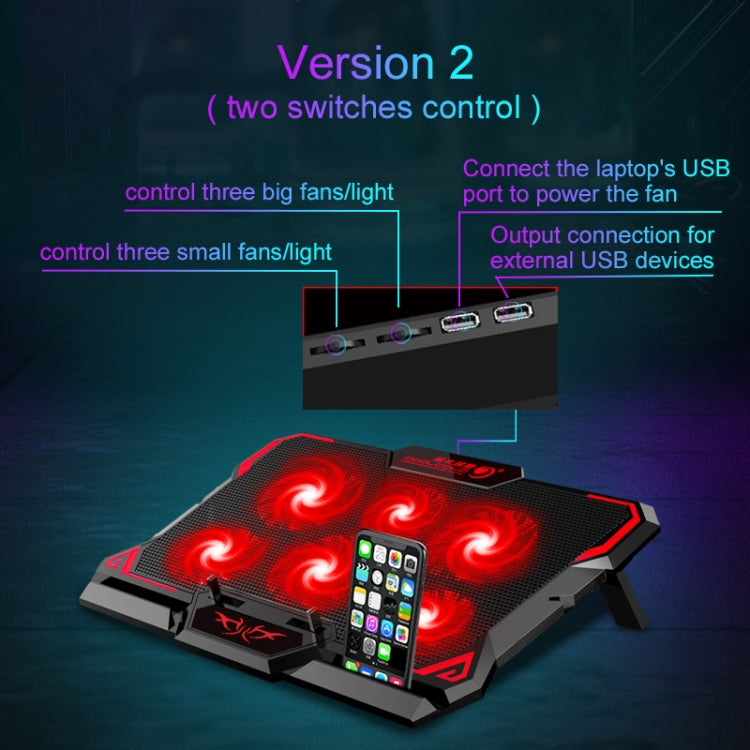 CoolCold 17inch Gaming Laptop Cooler หกพัดลม 2 พอร์ต USB 2600RPM Laptop Cooling Pad