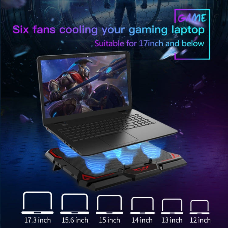 CoolCold 17inch Gaming Laptop Cooler หกพัดลม 2 พอร์ต USB 2600RPM Laptop Cooling Pad