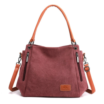 T-1983 กระเป๋าสะพายผ้าใบผู้หญิงความจุขนาดใหญ่, สีกากี, สีดำ, สีเทา, สีน้ำตาล, Purple Coffee