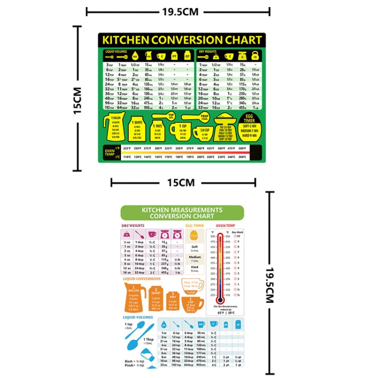 แผนภูมิการแปลงสูตรเครื่องปรุงอาหารในครัว 2 ชิ้นสติกเกอร์กันน้ำแบบแม่เหล็ก