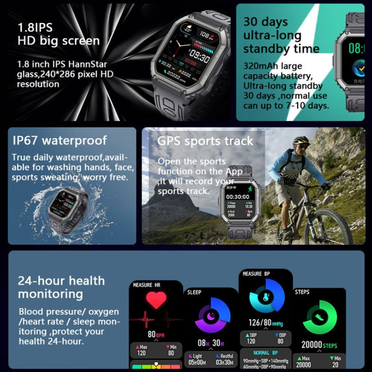 KR06 1.8 นิ้ว Heart Rate เครื่องวัดความดันโลหิต Smart Calling Watch, สีดำ, สีเขียว