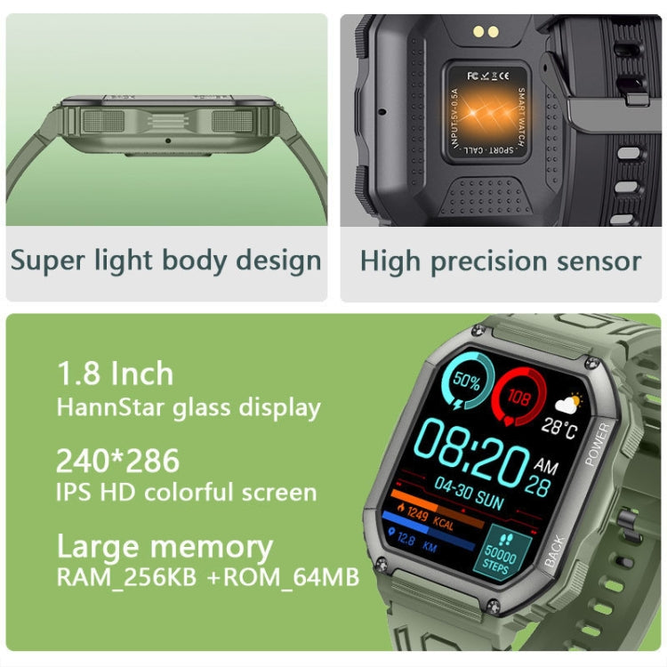 KR06 1.8 นิ้ว Heart Rate เครื่องวัดความดันโลหิต Smart Calling Watch, สีดำ, สีเขียว
