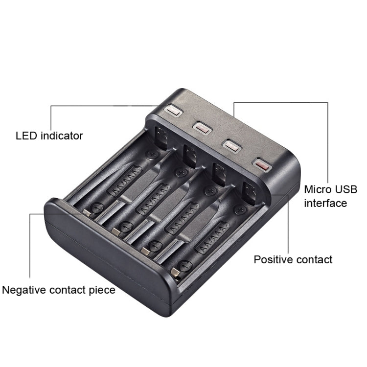 BMAX BH-804U 1.2V AA/AAA แบตเตอรี่ชาร์จแยกอิสระ 4 สล็อต USB Charger, 4 Slot Micro USB(Black)