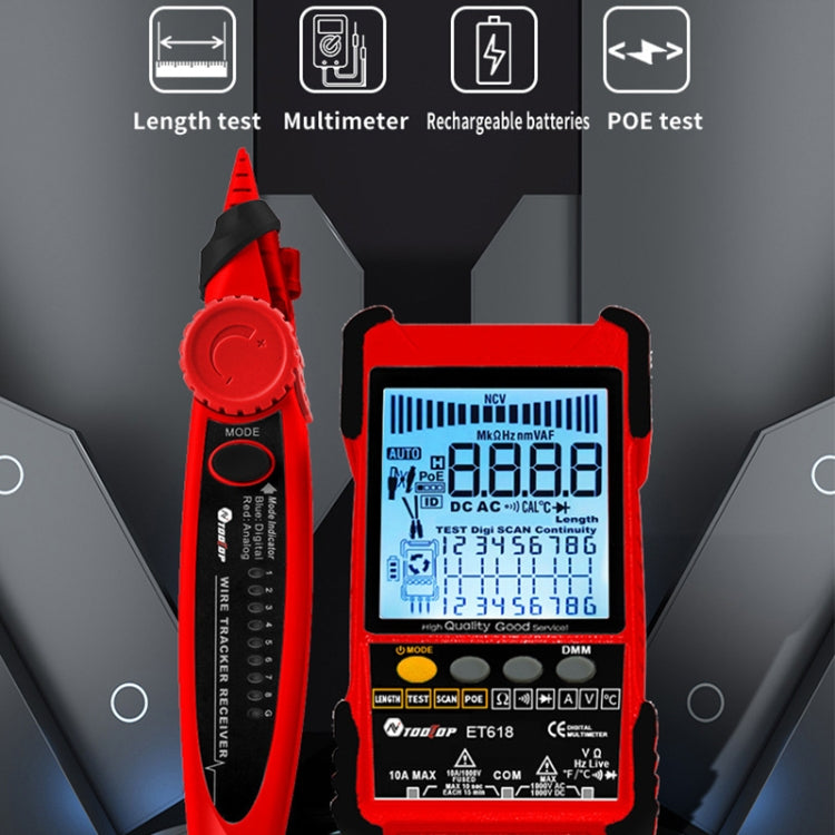 เครื่องทดสอบสายเคเบิลเครือข่ายแบบชาร์จไฟได้ Wire Tracker เครื่องทดสอบสายเคเบิล POE, ET616 (Red), ET618 (Red)
